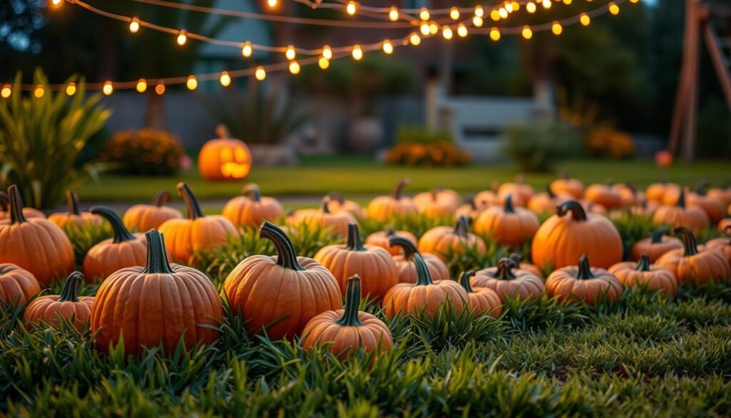pumpkins and string lights