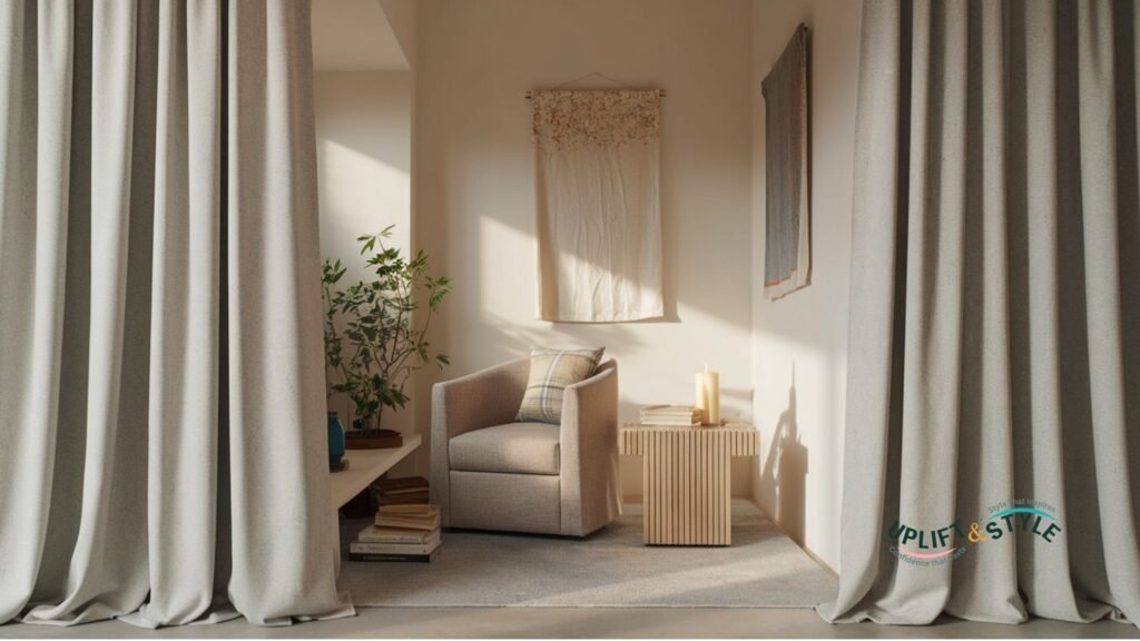 A small, serene nook in a living room corner, framed by floor-length curtains and natural light. Features a cozy armchair and a side table with books and a candle. - Finding the Perfect Spot