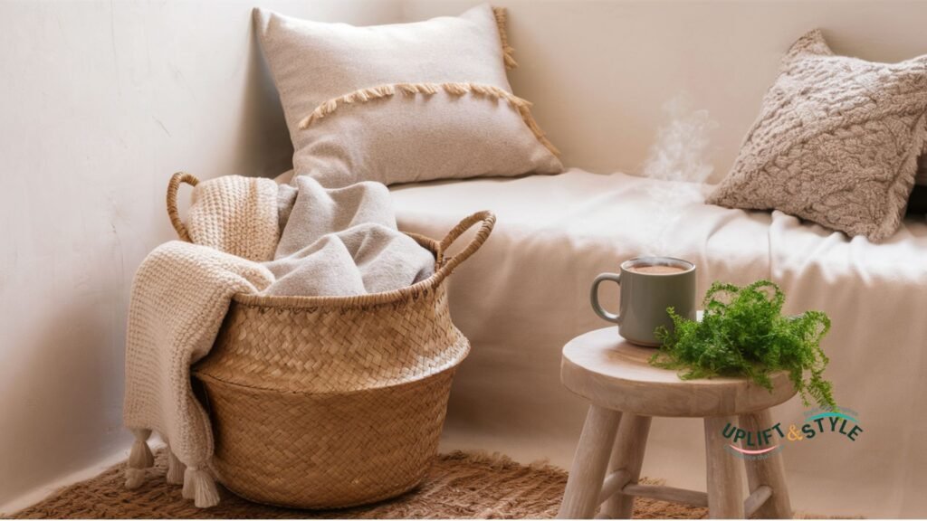 A hygge-inspired corner featuring - Hygge-Style Cozy Nook - Uplift and styleneutral tones, a woven basket filled with blankets, and a wooden stool with a steaming mug and a small plant.